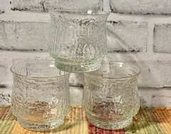 3 VTG LIBBEY CRYSTAL ROCK GLASSES «ARTICA»/CLEAR GEOMETRIC TEXTURED SET – 1970’S