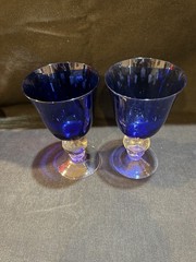 2-Vtg Cobalt Blue Clear Ball Stem Bell Shape Hand Blown Water/Wine Beautifull!