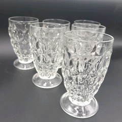 Vtg Jeannette Thumbprint Clear Footed 4-3/8” T Footed 6 oz Juice Cup, Set Of 6