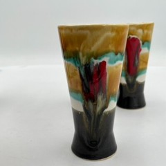 Set Of 5 Vintage Blue Green Red Drip Glaze Tumblers 5.5″ Retro MCM Boho Kitchen