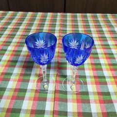 Wine Glass Kiriko Engraved on the glass #16 14.5×6.5cm/5.7×2.55″ set of 2 Blue