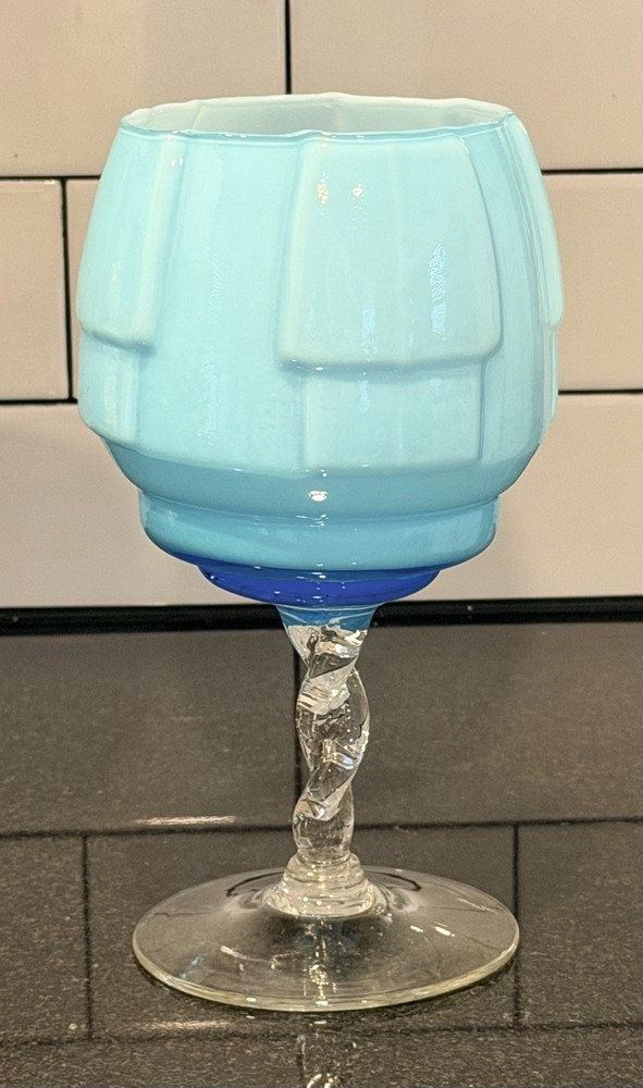 Art Deco Blue Opaline Murano Style Twisted Stem Glass Goblet MCM Hand Blown 8in