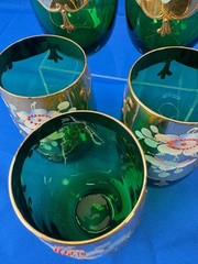 5 Bohemian 24K Gold Emerald Green 5″ Tumblers Hand Painted Raised Enamel Flowers