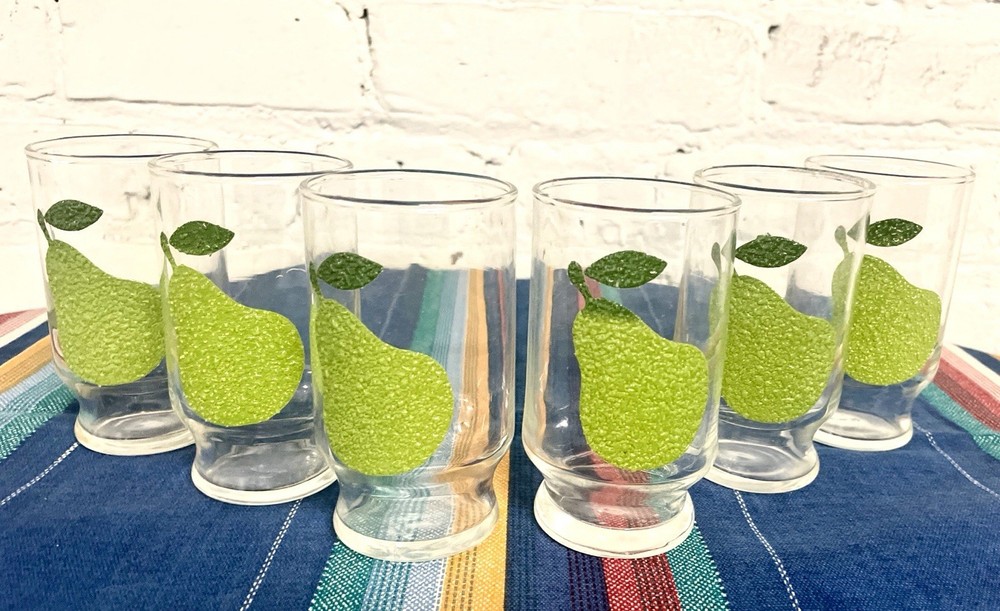 Vintage MCM Pear Glasses Retro Green Footed Juice Tumblers Set 6