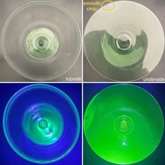 Fostoria Uranium Glass 2pc Etched Stem Wine Glasses c1930s Made in USA 7″t 8oz