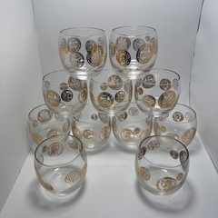 Vintage 70s Federal Glass Gold Roma Coin 10oz Roly Poly Cocktail Glasses Set/11