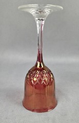 2 Wine Goblets Cranberry & Green Iridescent Glass Diamond Criss Cross Pattern