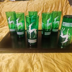Hazel Atlas Green Gazelle Collins Glasses Set of 7 Vintage MCM Highball Barware