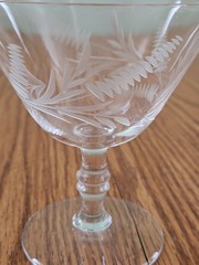 4 – Vintage Etched Glass Floral Fern Leaf Small Stemware Cordial Champagne