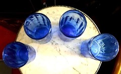Vintage MCM Cobalt Azure Blue Handblown Glass Highball Barware Set Rough Pontil