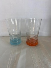 Pair (2) Fiesta 3-Ring Base Bottom 12 Oz. Glasses- Orange & Blue- Frosted Logo
