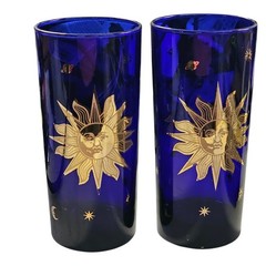 Culver Cobalt Blue Glass Celestial Sun Moon & Stars Tall Glasses 22K Gold