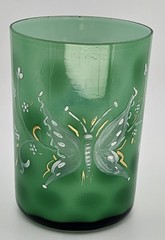 Vintage Green Art Glass Tumbler Hand Painted Butterfly Floral 4.25”