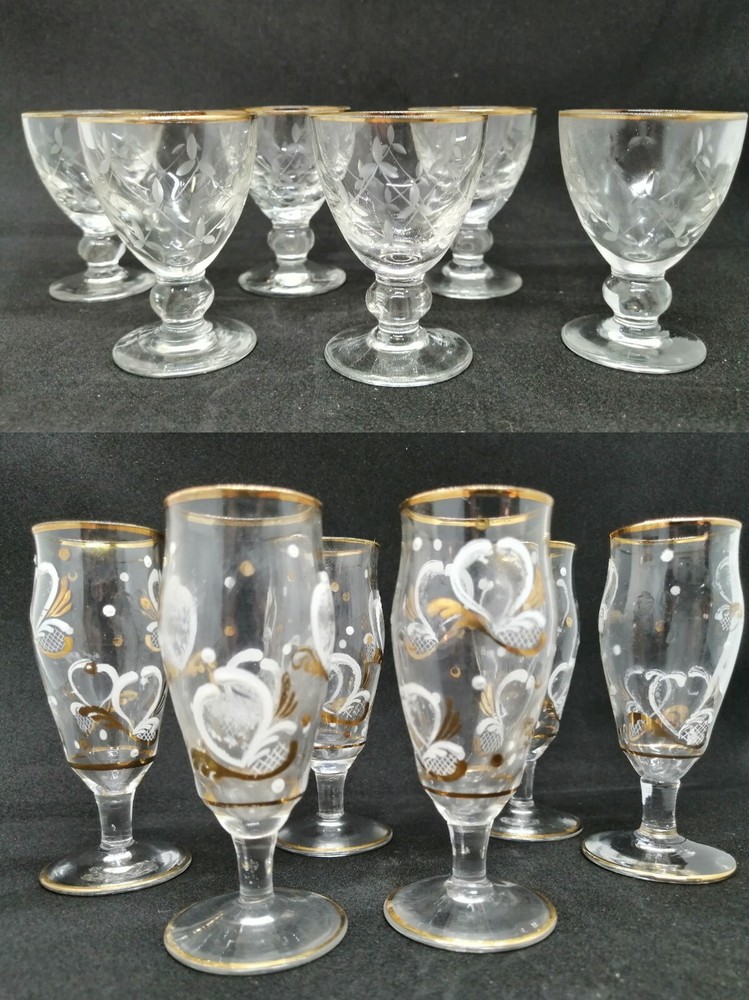 VINTAGE 2 SET OF 6 OLD Glasses LIQUOR WINE SHOTS CUPS golden lines & decorated