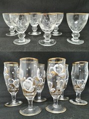 VINTAGE 2 SET OF 6 OLD Glasses LIQUOR WINE SHOTS CUPS golden lines & decorated