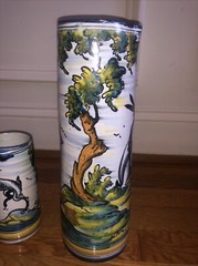Mexican Talavera Art Pottery Hand Painted Tall Pitcher /Vase & Cup Signed Rabbit