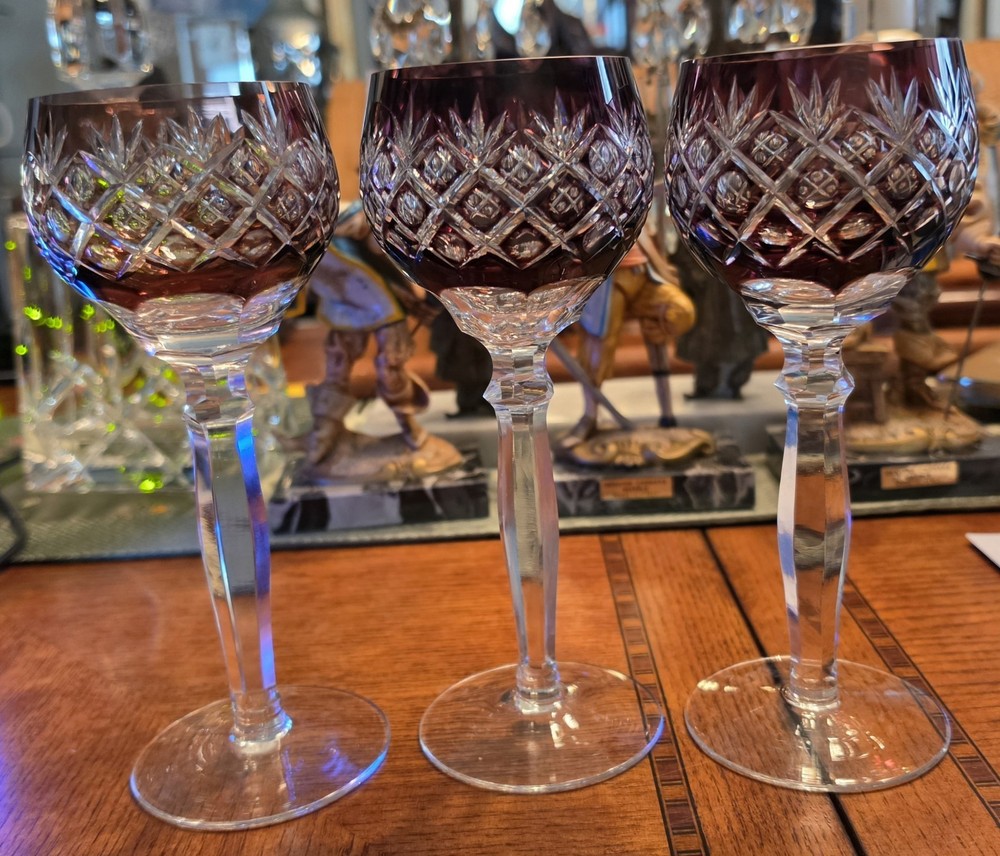 Florderis AJKA Amethyst Hock Wine Glass Crystal Cut to Clear Goblet Unlined Base