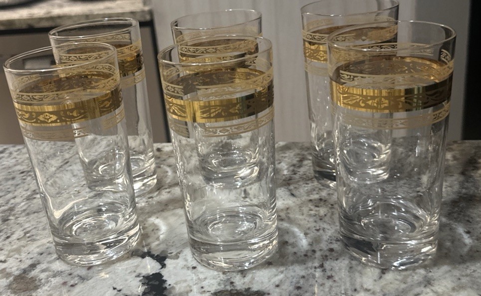 Six Vintage Gold Banded Regency Highball Tumblers, Retro Cocktail Barware MCM