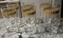 Six Vintage Gold Banded Regency Highball Tumblers, Retro Cocktail Barware MCM