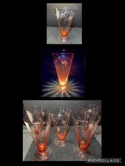 Rare 1930’s TIFFEN Pink Panel Optic Elegant Glass Footed Tumbler Etched GLOWS 6”