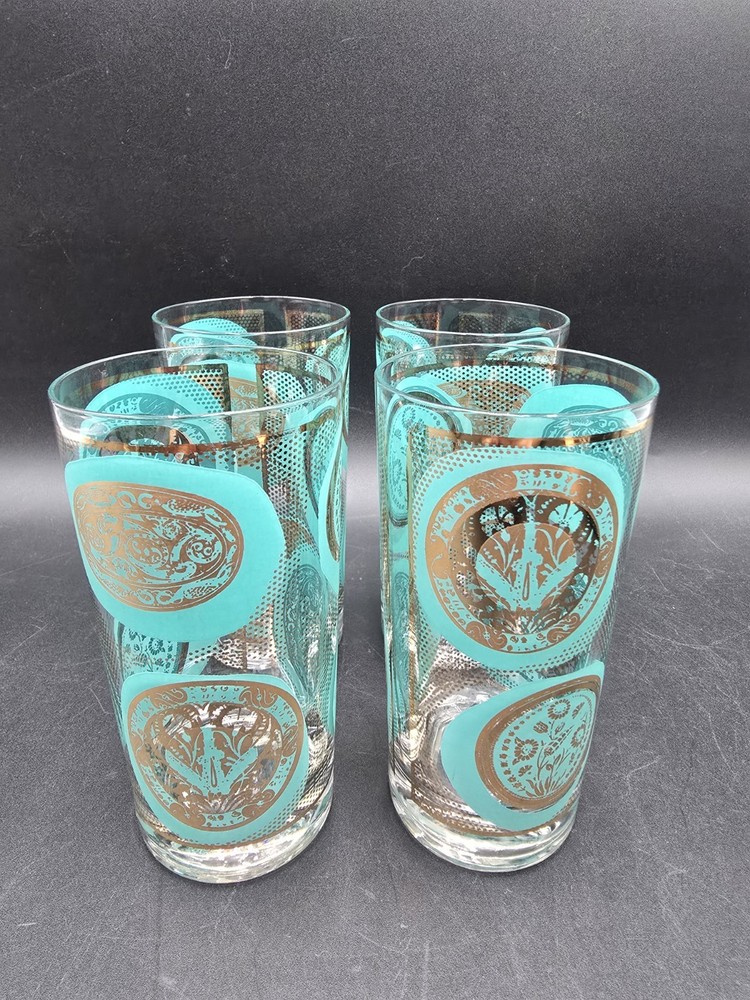 4 PC MCM Blue And Gold Drinking Glasses Barware