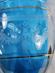 Four Vintage Cristalleria Fumo Etched Wine Glass Set Colored Stems & Gold Rim