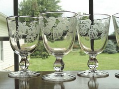 Set 4 Libbey Rock Sharpe #3003-18 Stem Water Goblets / Wine Glasses White Floral