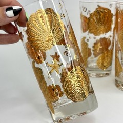 RARE Vtg Culver Textured Sea Shell Highball Tumbler 22K Gold Glass Set Cup MCM