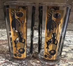 FIVE(5) BLACK N 22K GOLD HIGH BALL TUMBLERS PICS OF BAR TOOLS N FRUIT 5 1/2”T