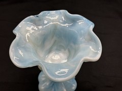 Vintage Kanawha Glass Company Blue & White Swirl Art Slag Glass Compote MCM