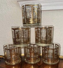 Vintage MCM Culver 22k Gold Asian Themed Low Ball Glasses Set of 6