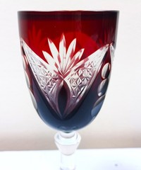 Bohemian Czech Ruby Red Cut to Clear Crystal Fan & Starburst Goblets Set of 2