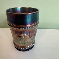 Antique Dugan Blue Carnival Glass Stork & Rushes Rows of Beading Tumbler 4″ Tall