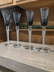 Set of 4 Vtg Air Twist Stem Tall Jewel Tone Blue Topaz Cordial Glasses 8 1/4″