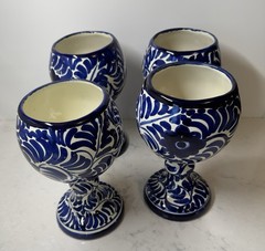 Blue & White Handpainted Talavera Mexican Pottery Wine Cups/Goblets Set of Four