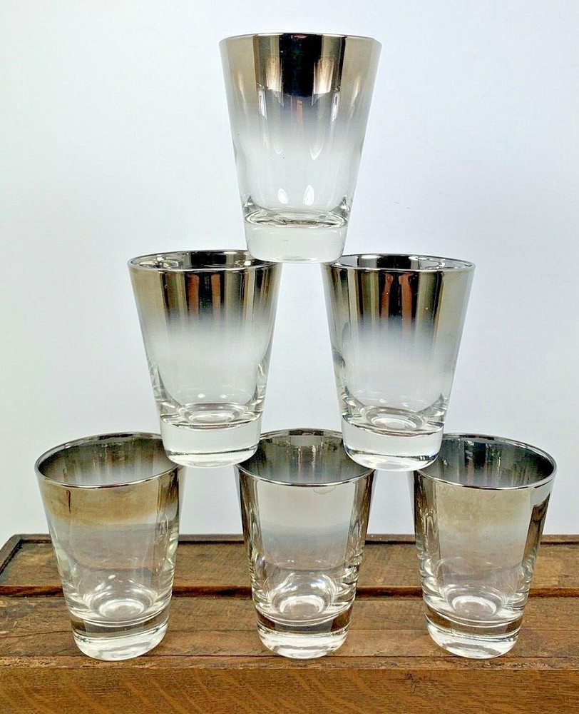 6 Vintage DOROTHY THORPE Silver Rim Bar Glasses 5 1/2 oz Mid Century MCM