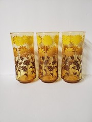 Vintage Libbey Amber Tumblers Yellow Brown Flowers Set of 3
