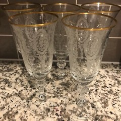 Set 5 Tiffin Cherry Laurel pattern 6 1/2″» Iced Tea Glases Elegant Gold Rimmed