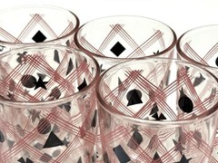 8 Vtg Glass Tumblers Metal Carrier Caddy MCM Mid Century Modern Pink & Black Set