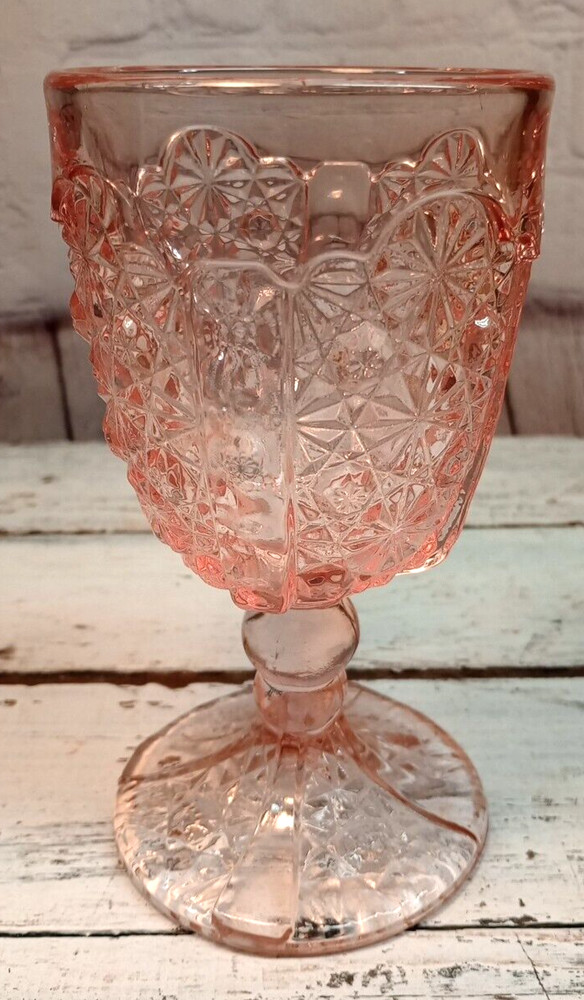 LG Wright Pink Glass Daisy And Button 6” Wine Cordial Sherry Goblet 6”H 3.25”D