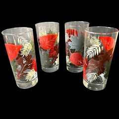 VTG LIBBEY TUMBLERS FALL LEAVES PATTERN SET/4 THANKSGIVING RED BROWN SAGE