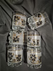 Vintage DeValBor Windrose Italian Frosted Gold and Black Floral Design Set Of 6