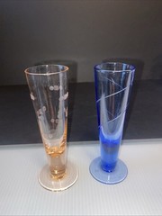 Handblown MCM 2oz Cordial Glass Set Multicolored Etched Footed Barware