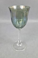 2 Wine Goblets Cranberry & Green Iridescent Glass Diamond Criss Cross Pattern