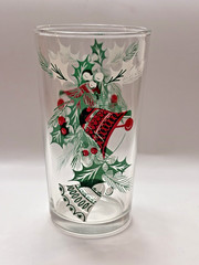 Vintage Hazel Ware HOLLY & BELLS Glass Christmas Tumbler, 11.5 oz.
