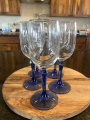Vintage Libbey Crystal Blue Optic Drape Water Goblets Wine Glasses, set of 5 EUC