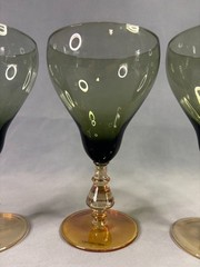 Bryce 894 Smoke Green Goblets Topaz Amber Stem Blown Glass Pear Shape – Set of 3