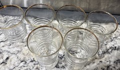 Vintage Anchor Hocking 3328-GOLD Ring Design 9oz Flat Tumbler Water Glasses 6