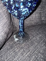 Hand Blown Art Glass Wine Goblet Blue Confetti Design