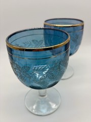2 Vintage Bartlett Collins Vining Blue Glass Goblets Thumb Print Gold Trim